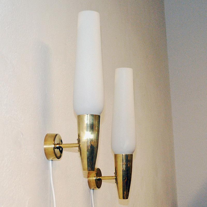 Mid-20th Century Brass and opaline glass cylindershaped wall lamp pair by Asea - Sweden 1950s For Sale