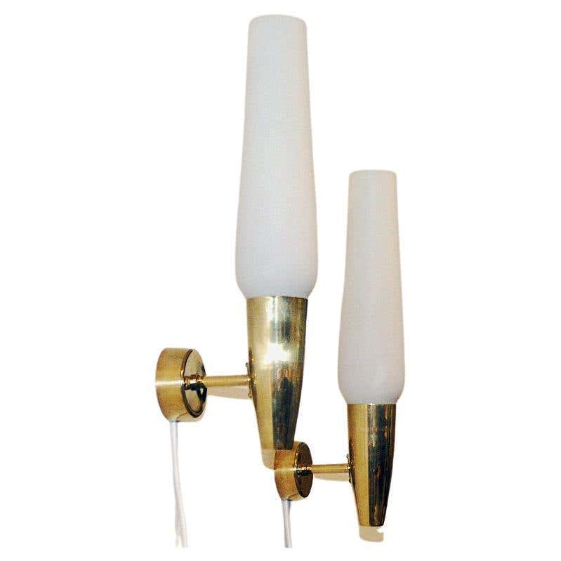Brass and opaline glass cylindershaped wall lamp pair by Asea - Sweden 1950s