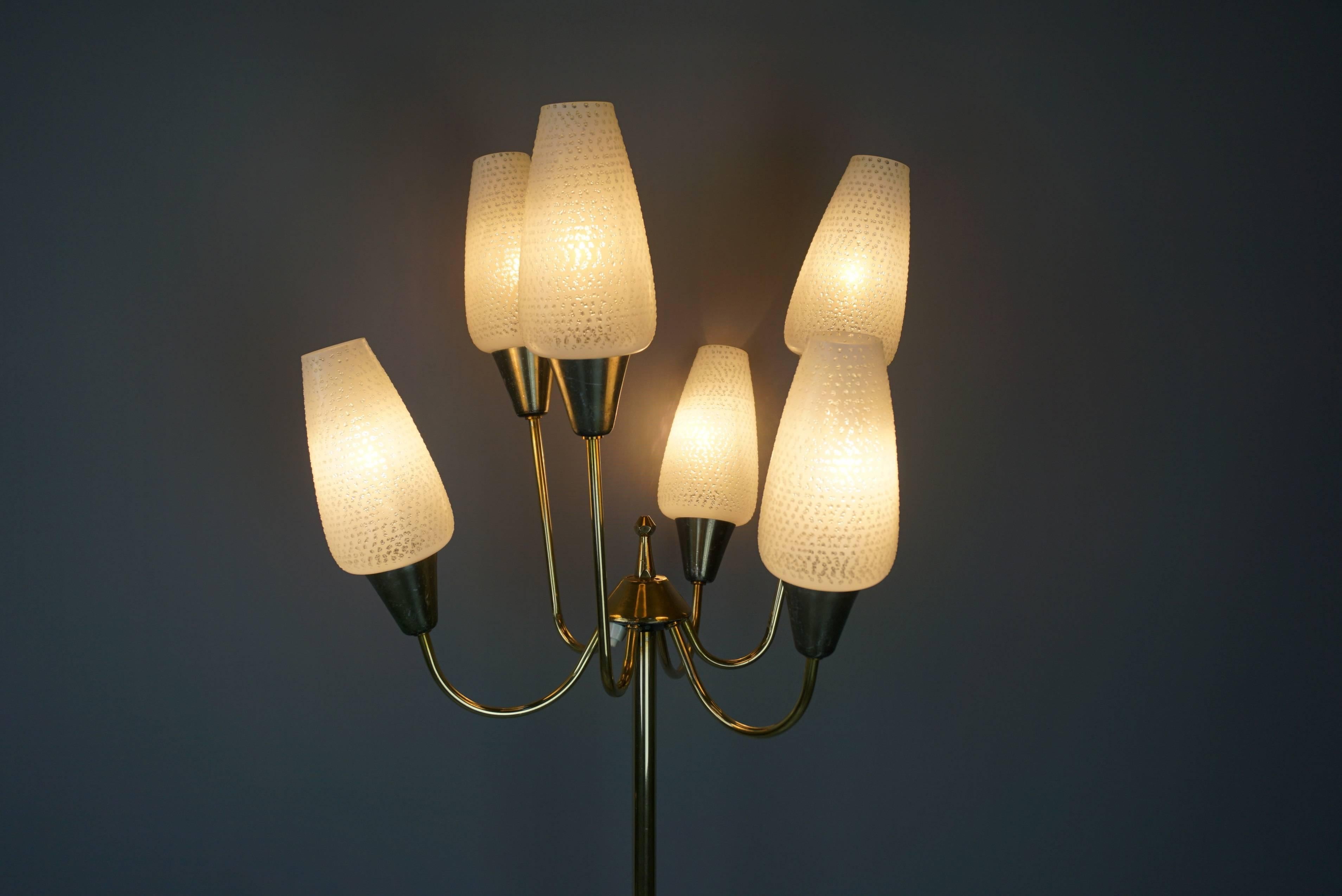 Mid-Century Modern Brass and Opaline Glass 1950s Design Tripod Floor Lamp