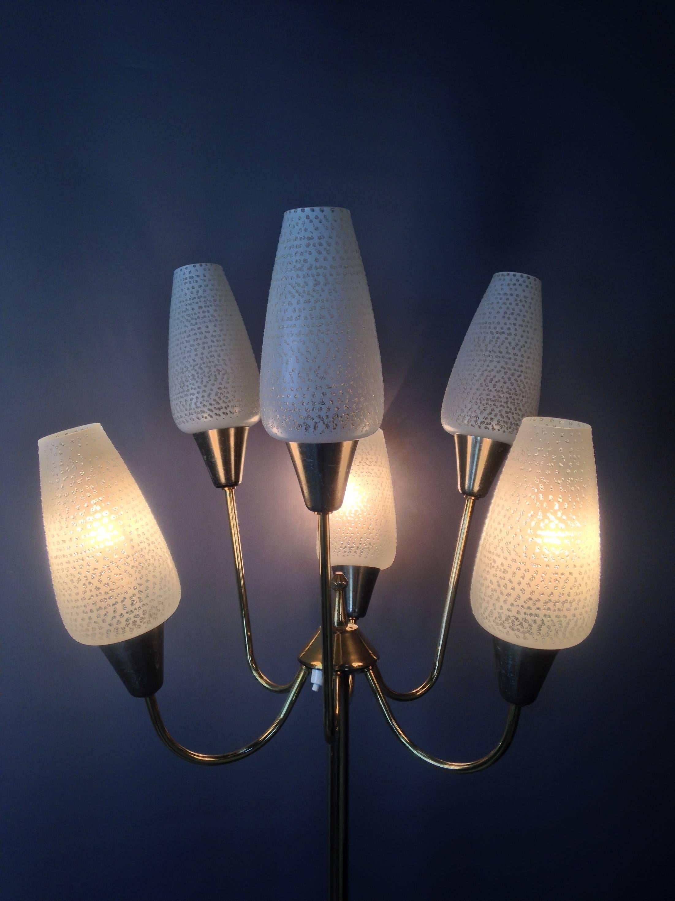 20th Century Brass and Opaline Glass 1950s Design Tripod Floor Lamp