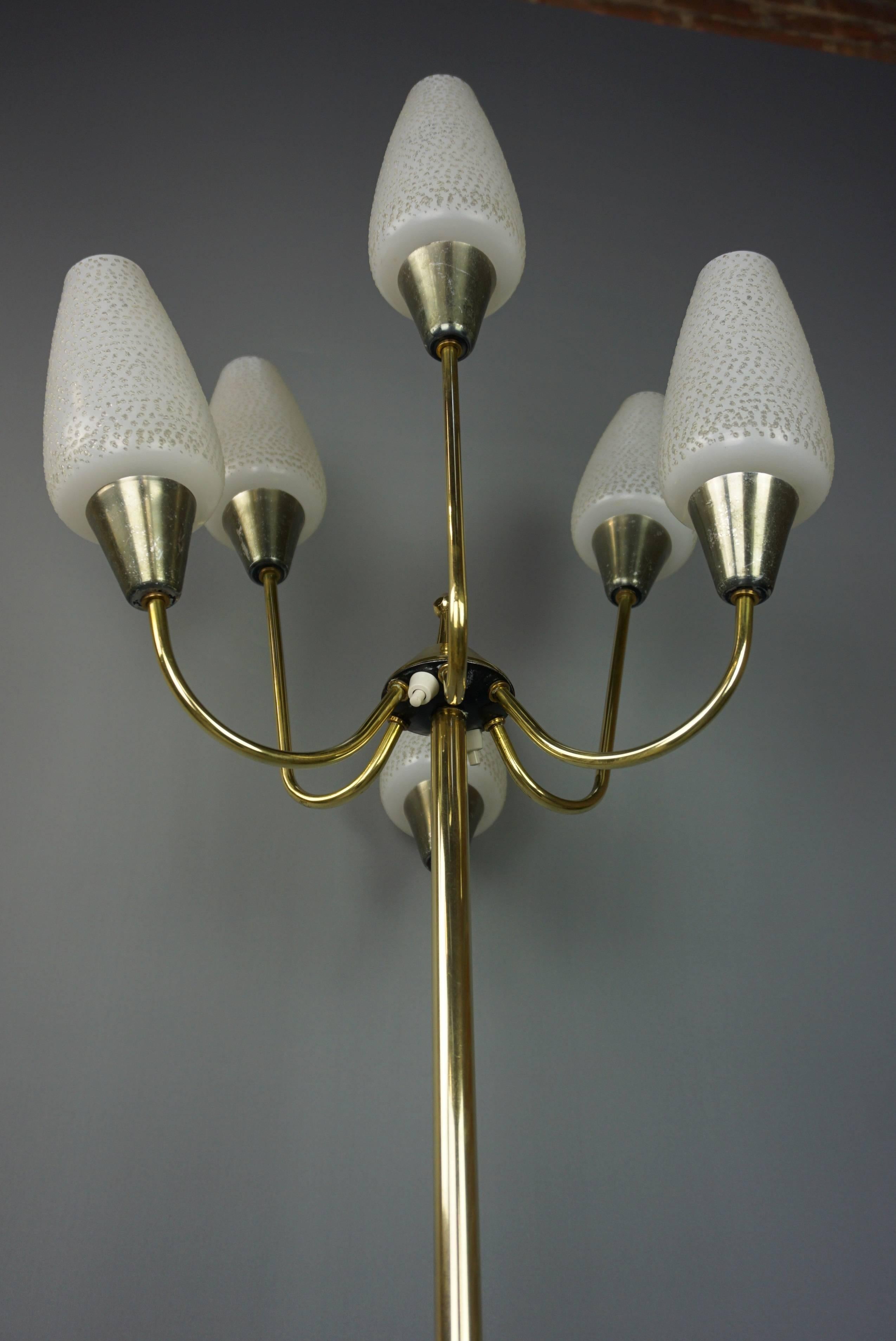 Brass and Opaline Glass 1950s Design Tripod Floor Lamp 1