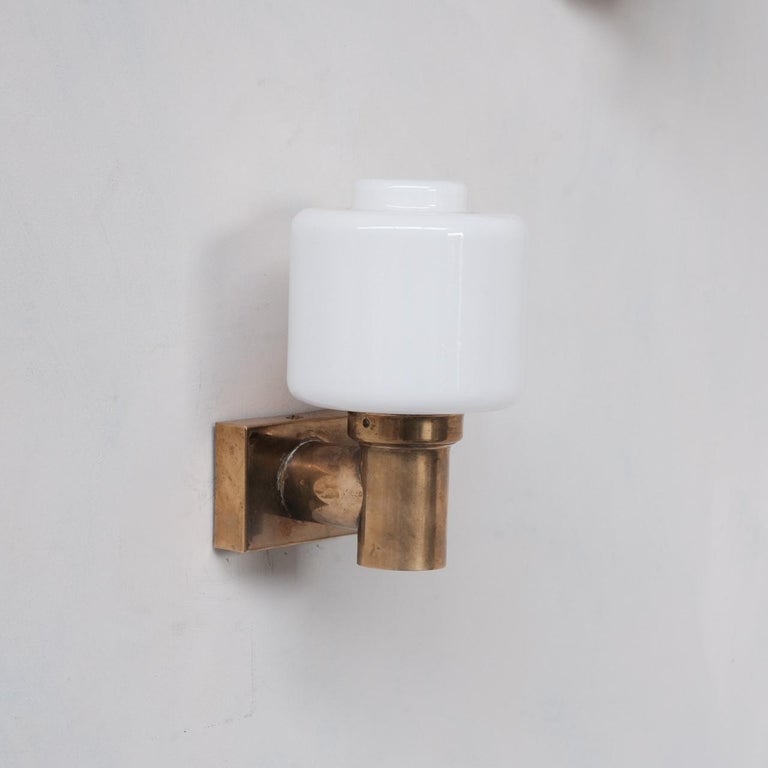 Brass and Opaline Glass Mid-Century Wall Lights '3' In Good Condition In London, GB