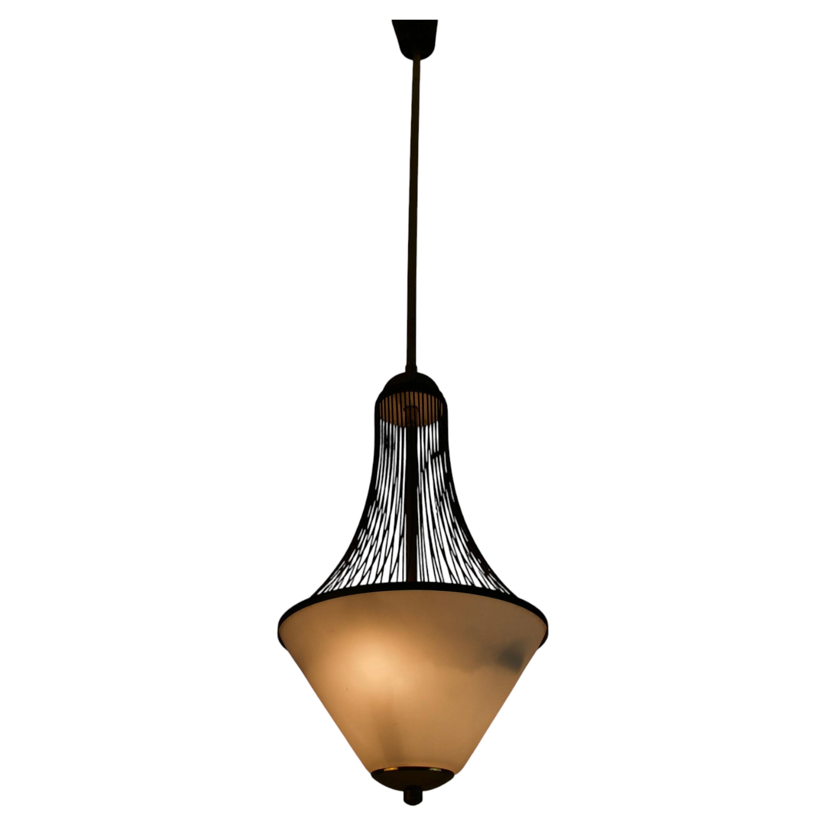 Brass and Opaline Glass Pendant Lamp attr. to Arredoluce, 1950s, Italy