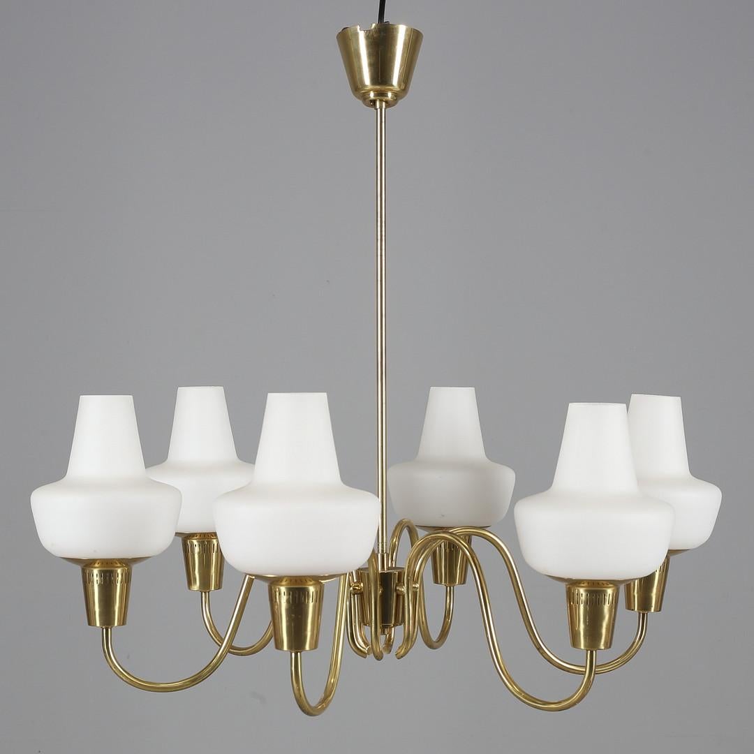 Swedish Brass and Opaline Glass Shades Chandelier by Hans-Agne Jakobsson