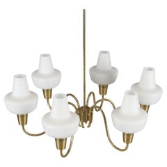 Brass and Opaline Glass Shades Chandelier by Hans-Agne Jakobsson