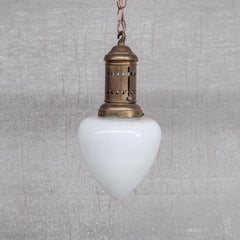 Brass and Opaline Glass Tear Drop or Acorn French Pendant Light