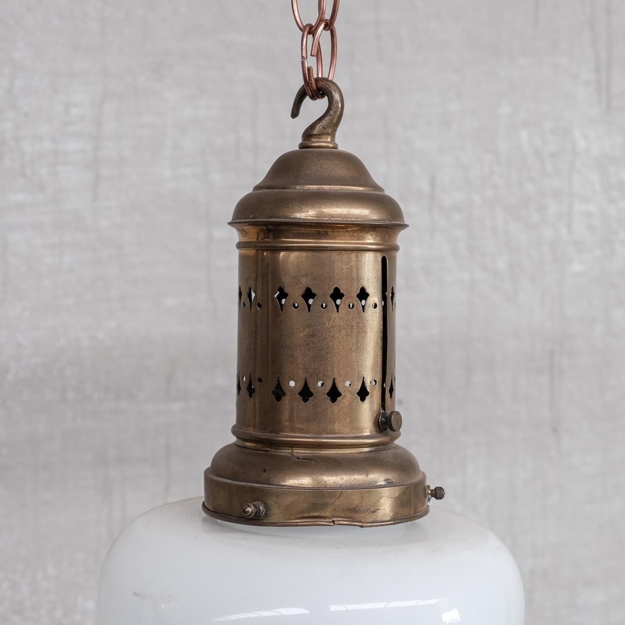 Brass and Opaline Glass Tear Drop or Acorn French Pendant Light In Good Condition In London, GB