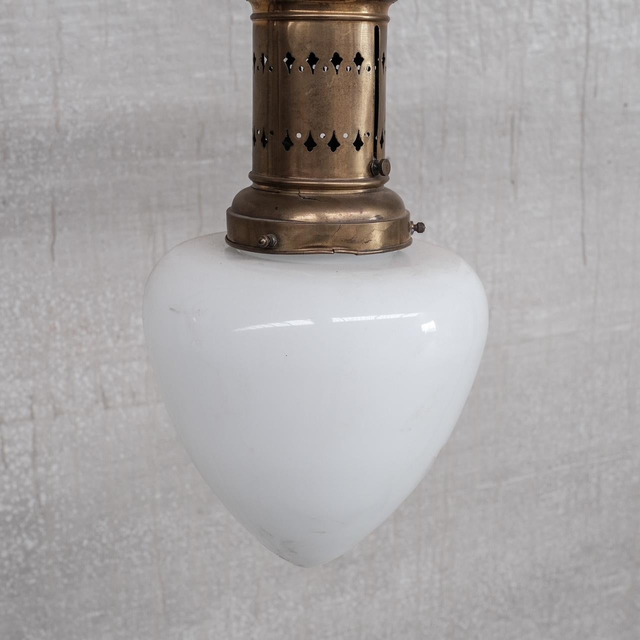 20th Century Brass and Opaline Glass Tear Drop or Acorn French Pendant Light