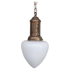 Brass and Opaline Glass Tear Drop or Acorn French Pendant Light