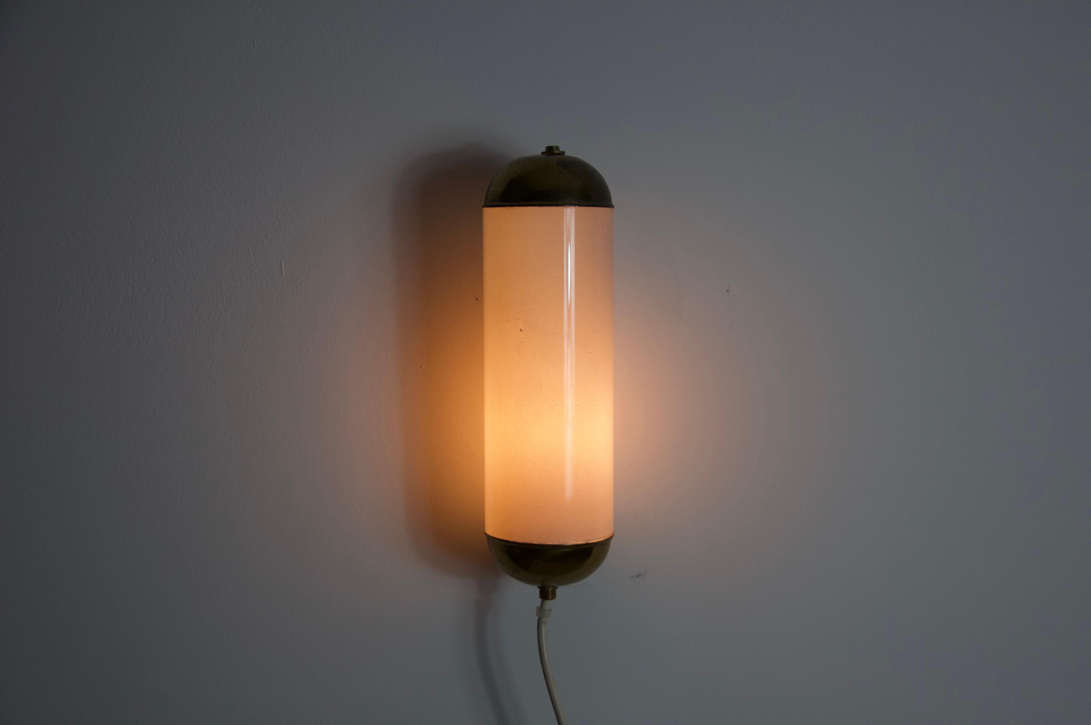 Mid-Century Modern Brass and Opaline Glass Wall Lamp by Glashütte Limburg, 1960s For Sale