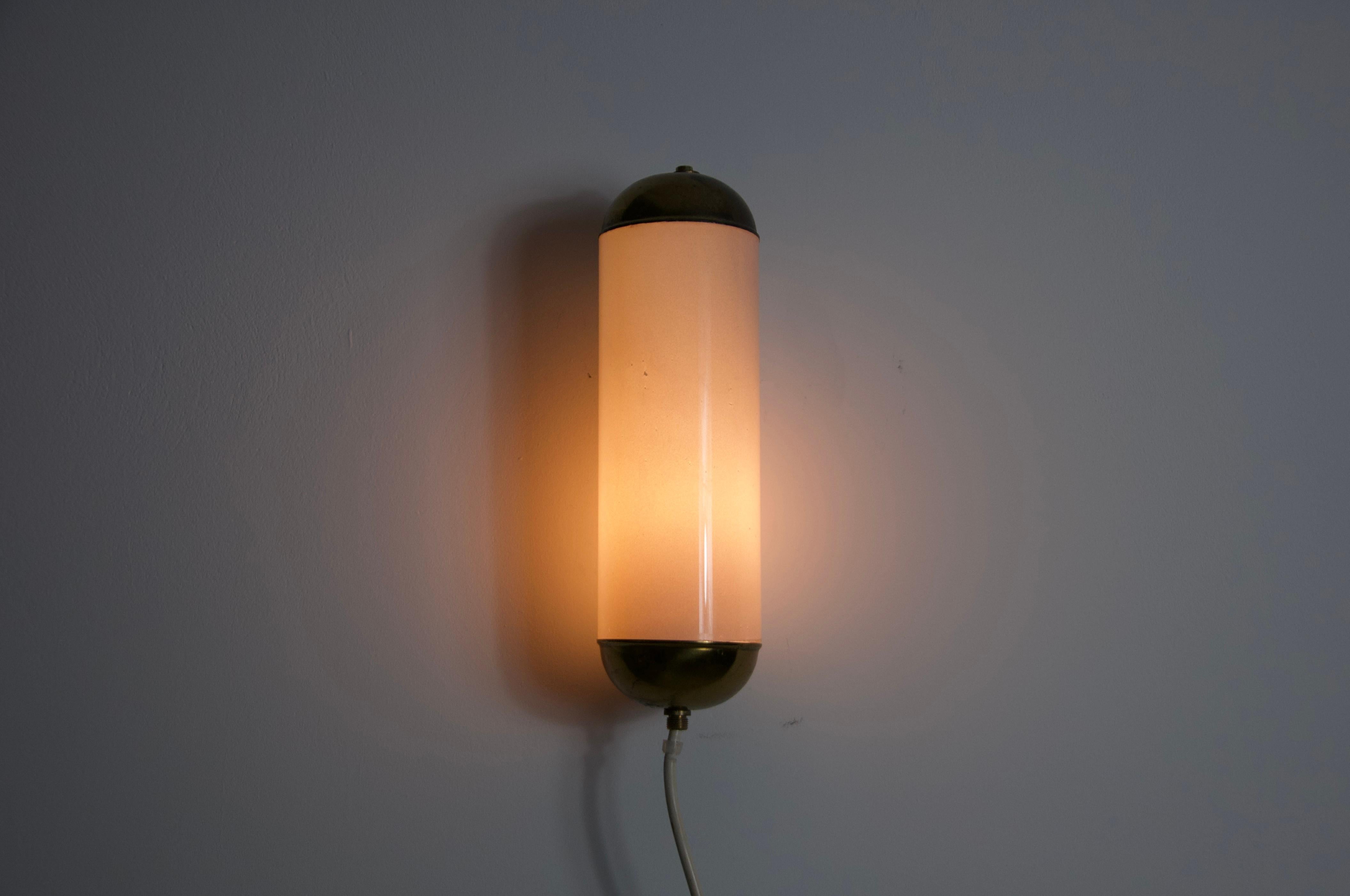 German Brass and Opaline Glass Wall Lamp by Glashütte Limburg, 1960s For Sale