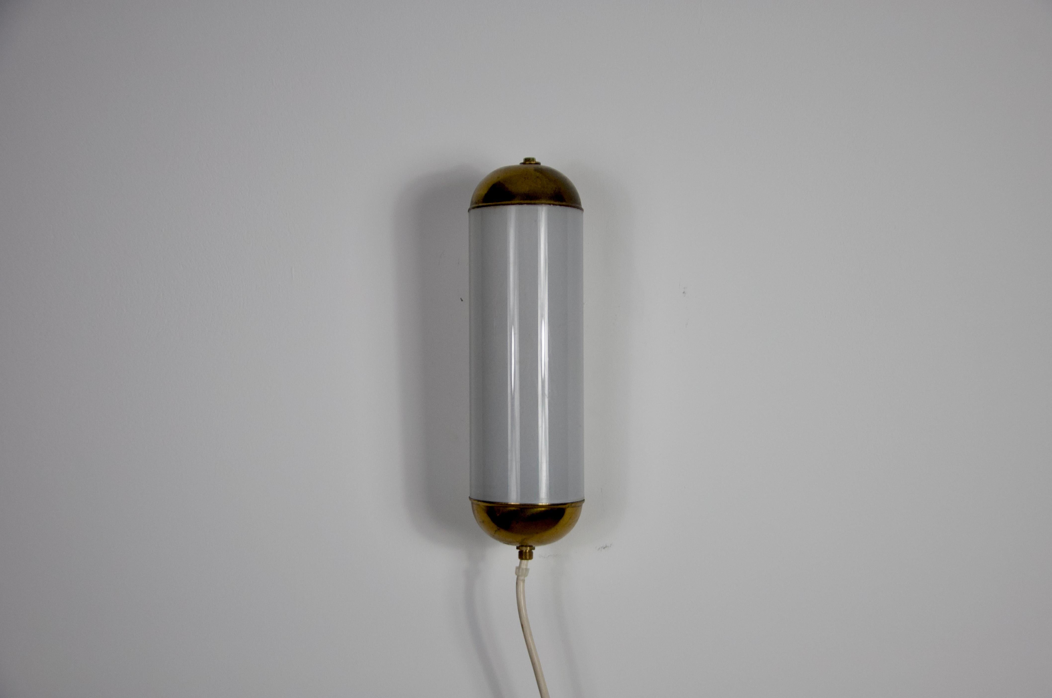 Mid-20th Century Brass and Opaline Glass Wall Lamp by Glashütte Limburg, 1960s For Sale