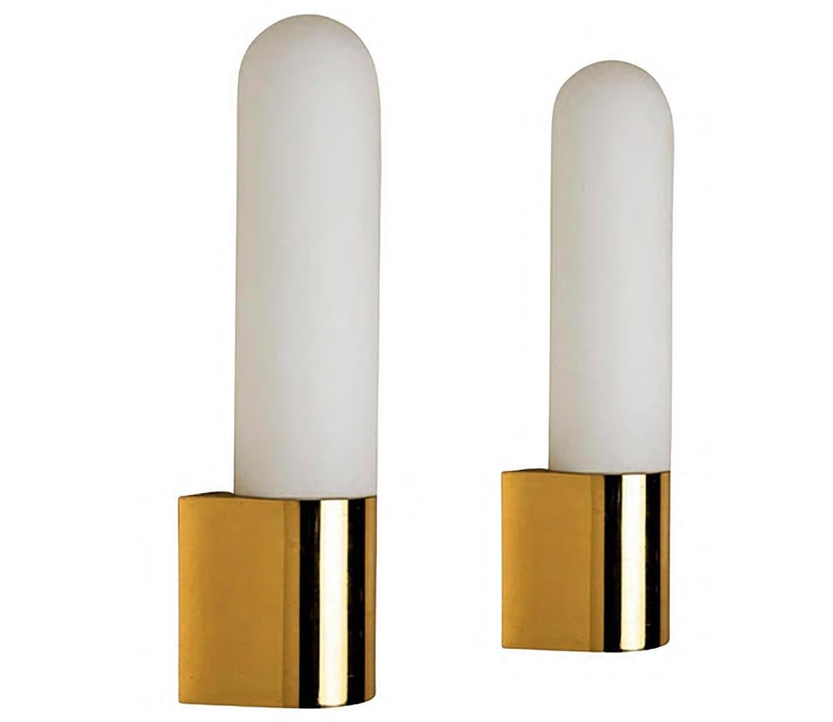 Superb heavy-quality glass wall lamp/sconces in brass encasing and white, opaque glass. Manufactured by Glasshütte Limburg, Germany, circa 1970.

These wall lights give a beautiful glowing light that would suit any space.
Bathroom, Hallway, WC,