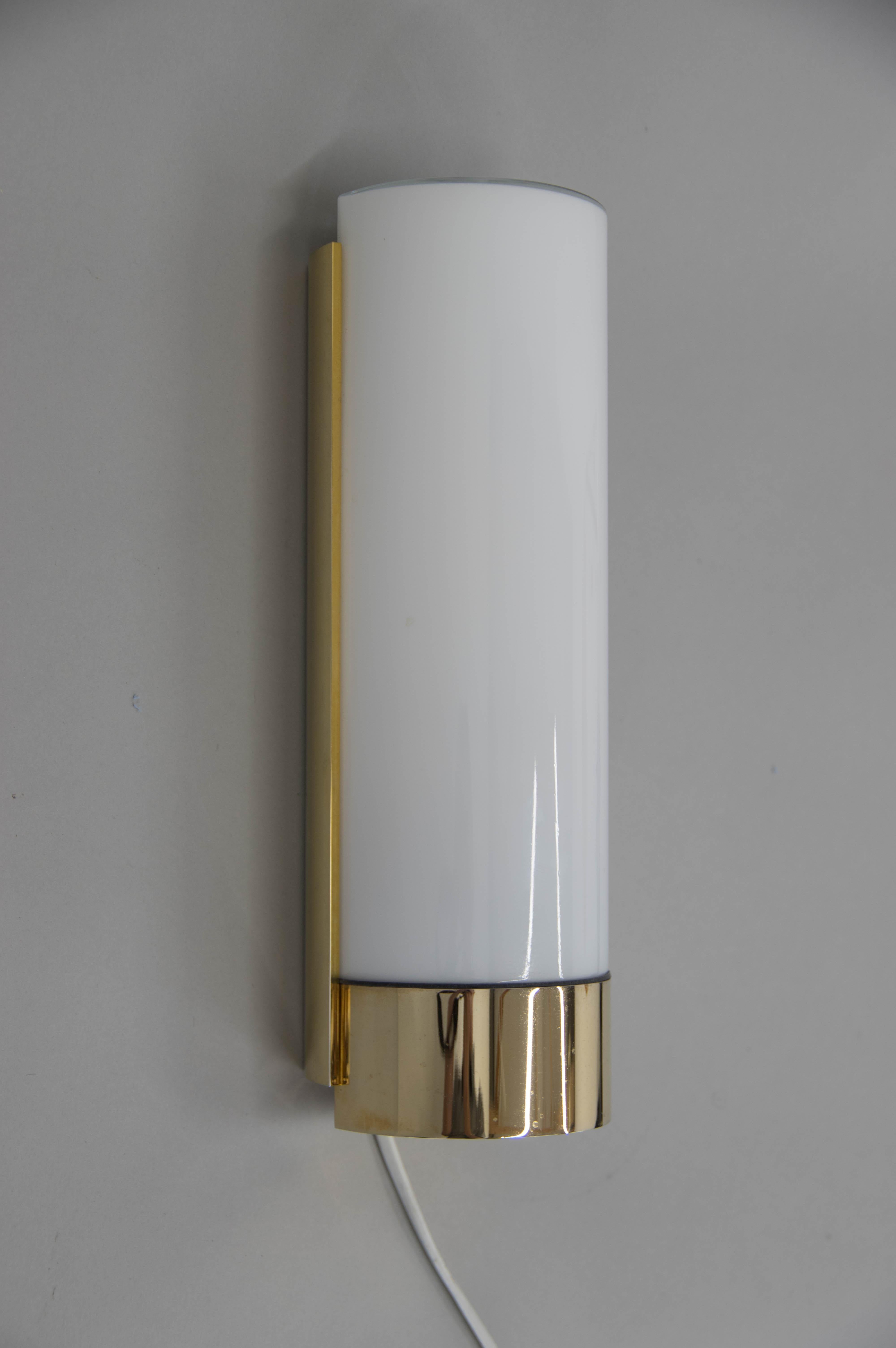 Mid-Century Modern Brass and Opaline Glass Wall Lamp, Glashutte Limburg, 1970s For Sale
