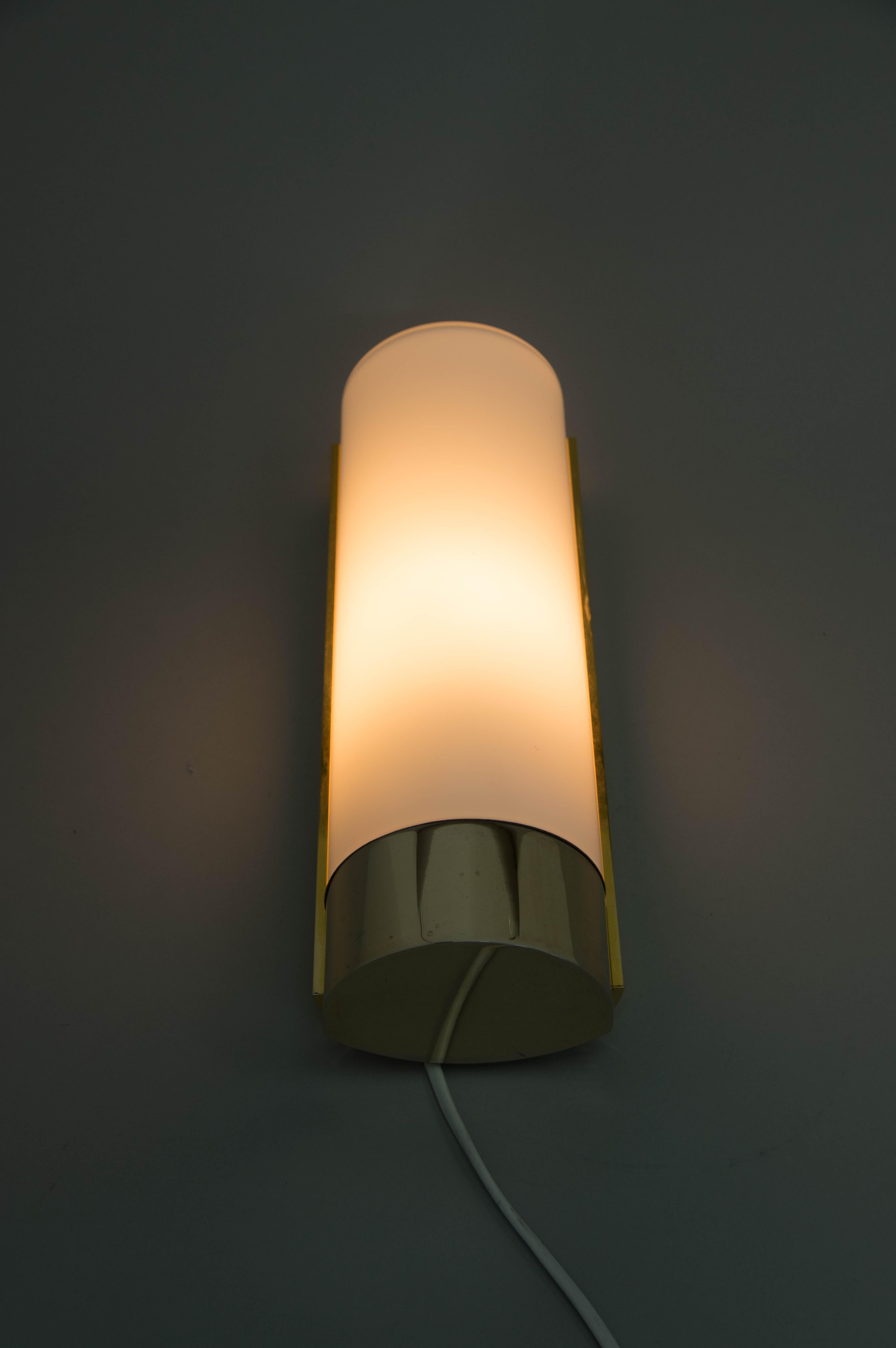 Late 20th Century Brass and Opaline Glass Wall Lamp, Glashutte Limburg, 1970s For Sale
