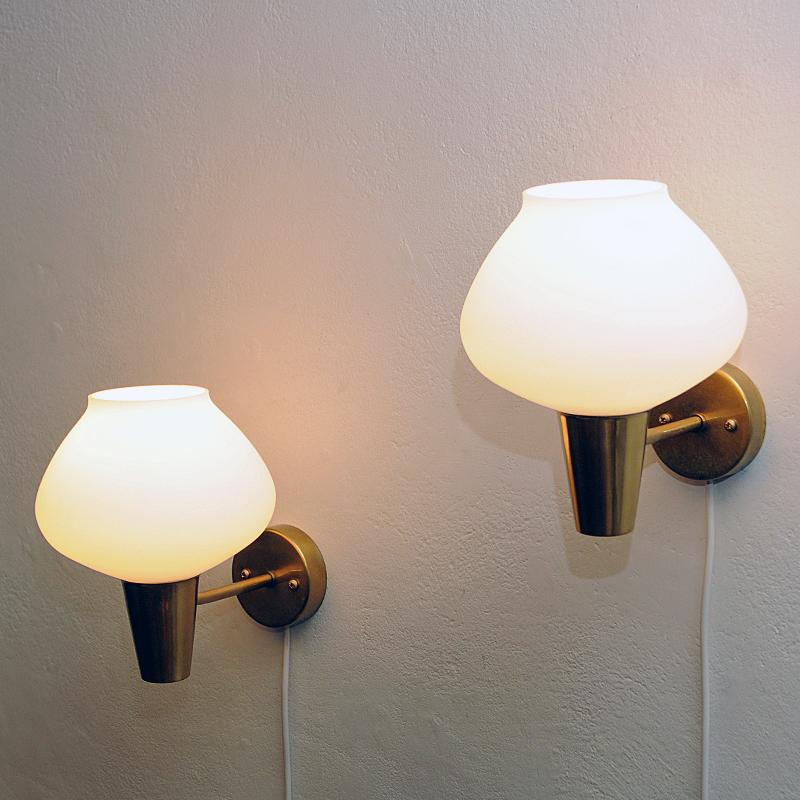 Scandinavian Modern Brass and Opaline Glass Wall Lamp Pair by ASEA, Sweden, 1950s
