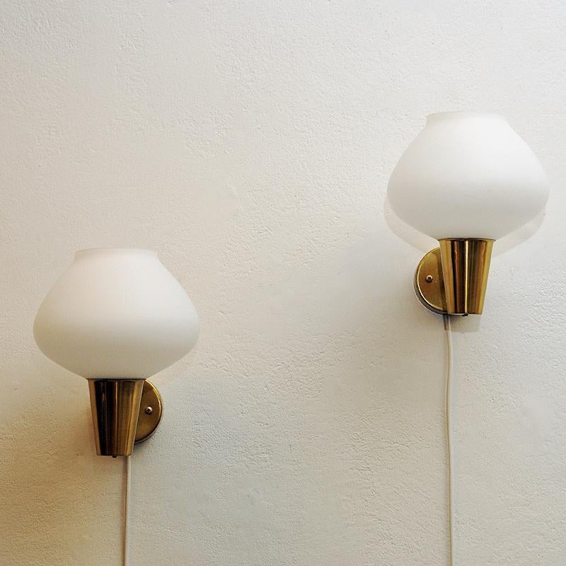Swedish Brass and Opaline Glass Wall Lamp Pair by ASEA, Sweden, 1950s