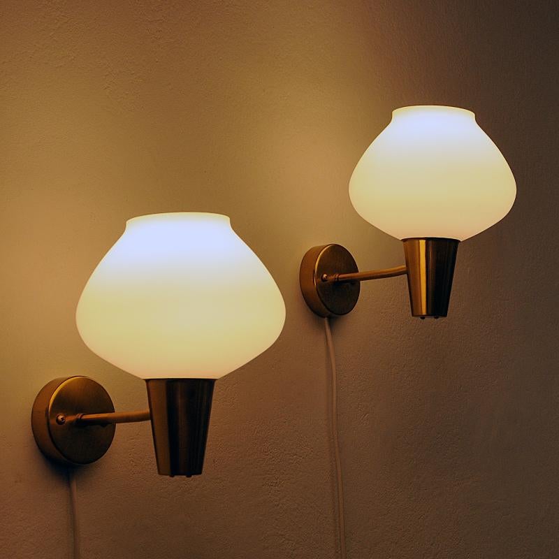 Polished Brass and Opaline Glass Wall Lamp Pair by ASEA, Sweden, 1950s