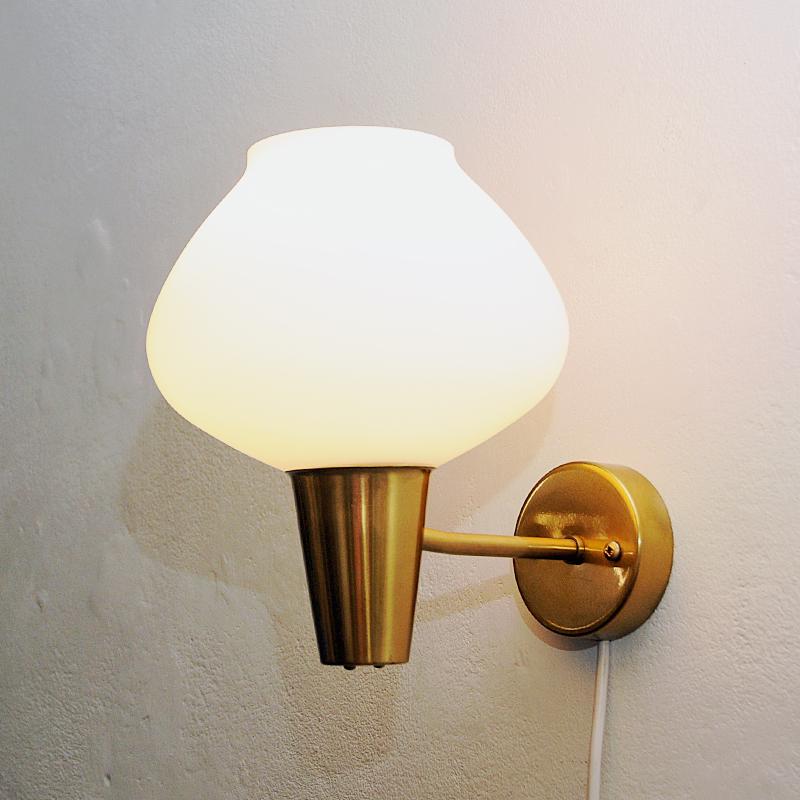 Mid-20th Century Brass and Opaline Glass Wall Lamp Pair by ASEA, Sweden, 1950s
