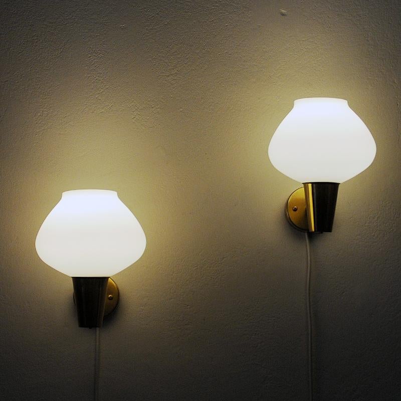 Brass and Opaline Glass Wall Lamp Pair by ASEA, Sweden, 1950s 2