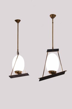 Brass and Opaline Pair of Italian Chandeliers