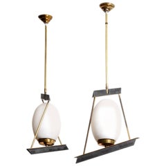 Brass and Opaline Pair of Italian Chandeliers
