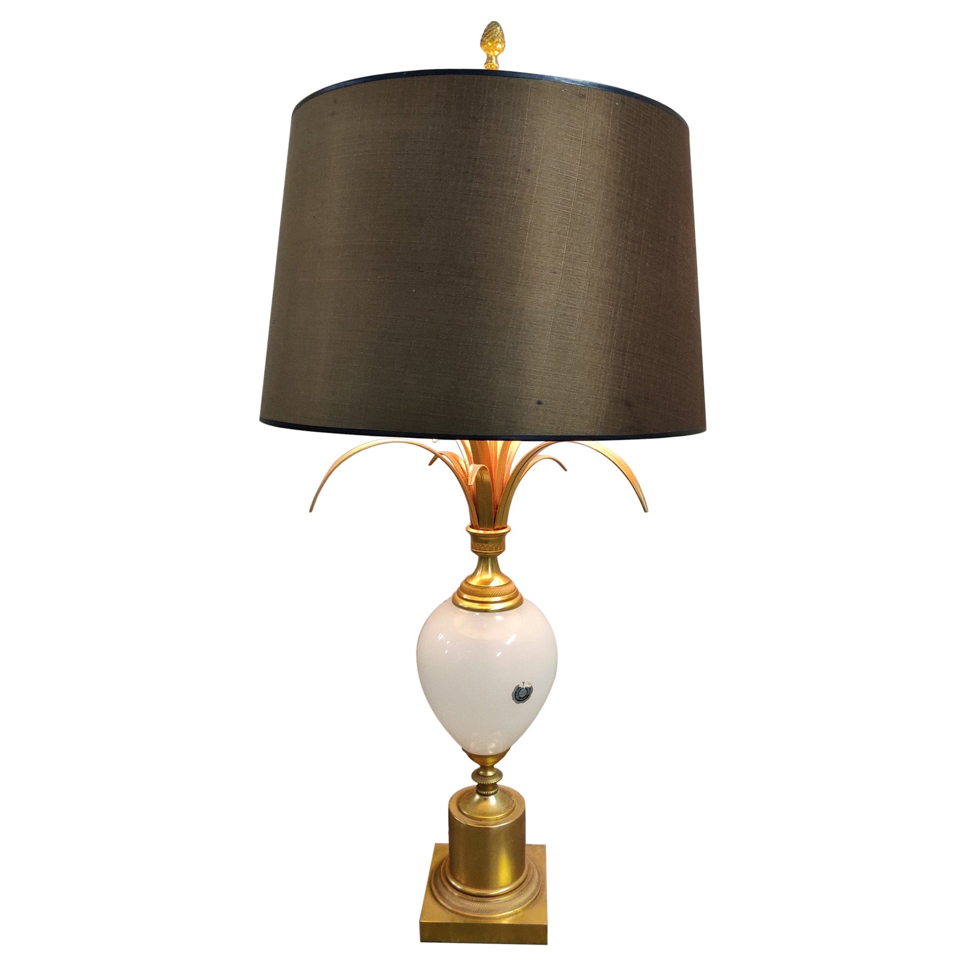 Brass and Opaline Pineapple Leaf Table Lamp, 1960s