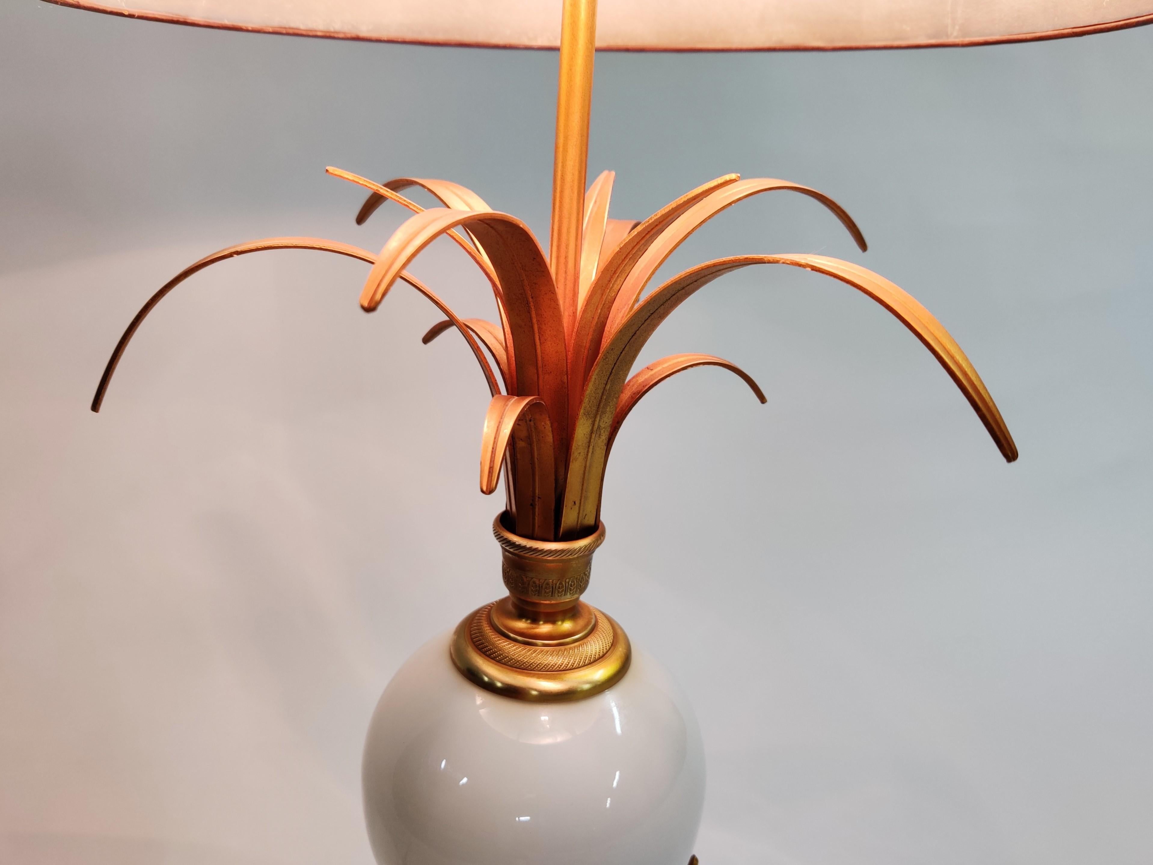 Brass and Opaline Pineapple Leaf Table Lamp, 1970s 4