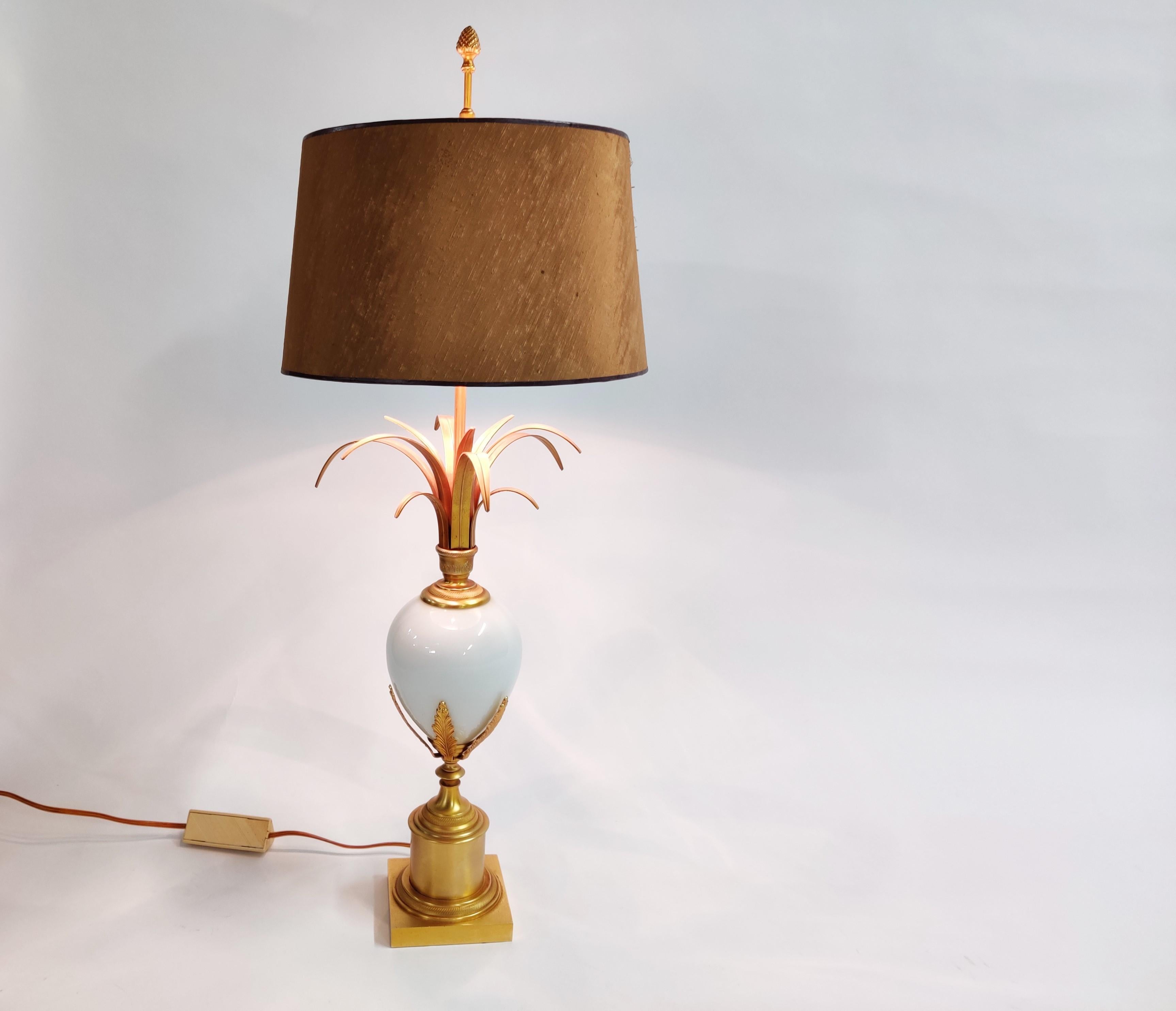 Hollywood Regency Brass and Opaline Pineapple Leaf Table Lamp, 1970s