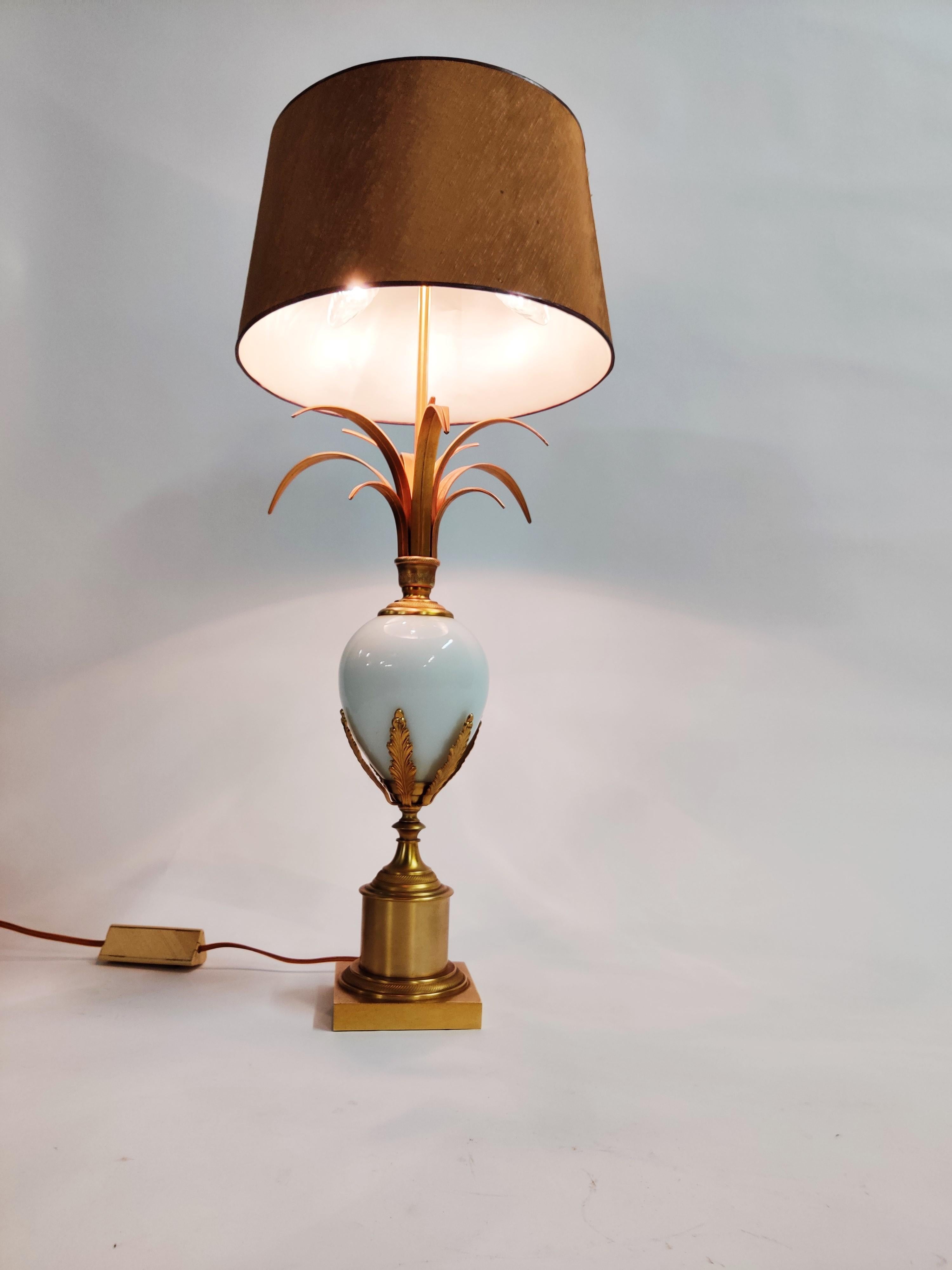 Belgian Brass and Opaline Pineapple Leaf Table Lamp, 1970s