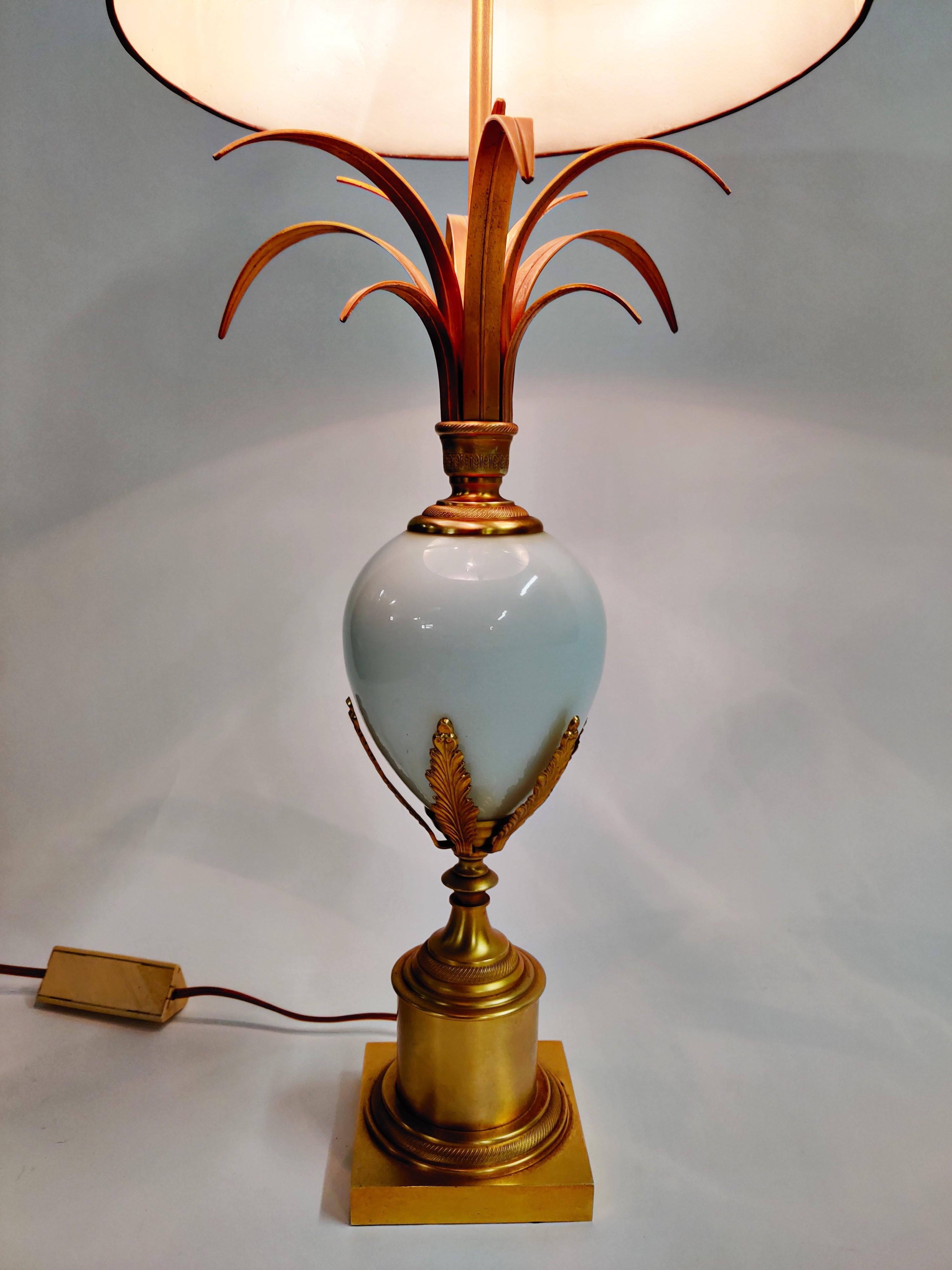 Brass and Opaline Pineapple Leaf Table Lamp, 1970s In Good Condition In HEVERLEE, BE