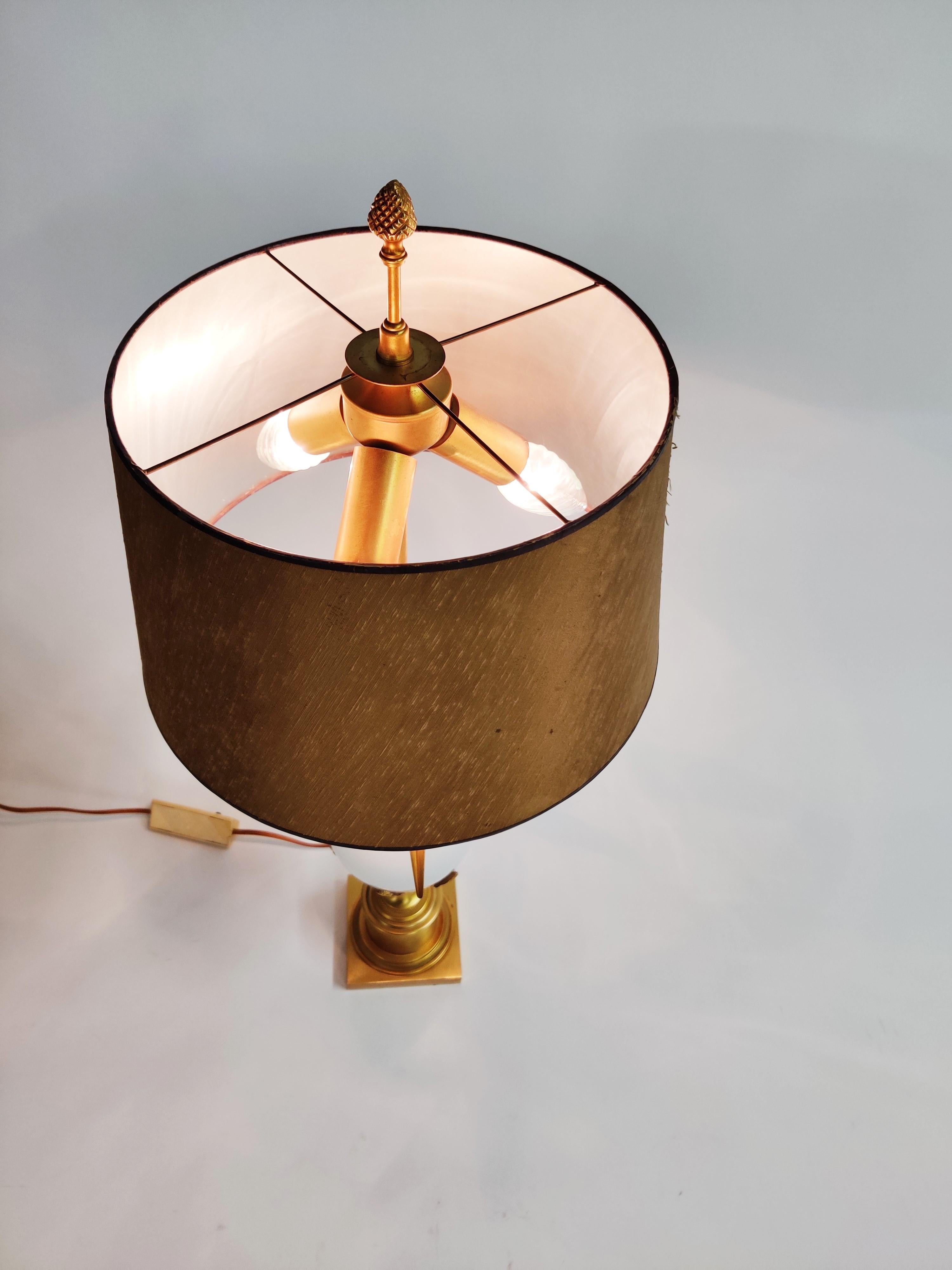 Brass and Opaline Pineapple Leaf Table Lamp, 1970s 1