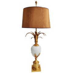 Vintage Brass and Opaline Pineapple Leaf Table Lamp, 1970s