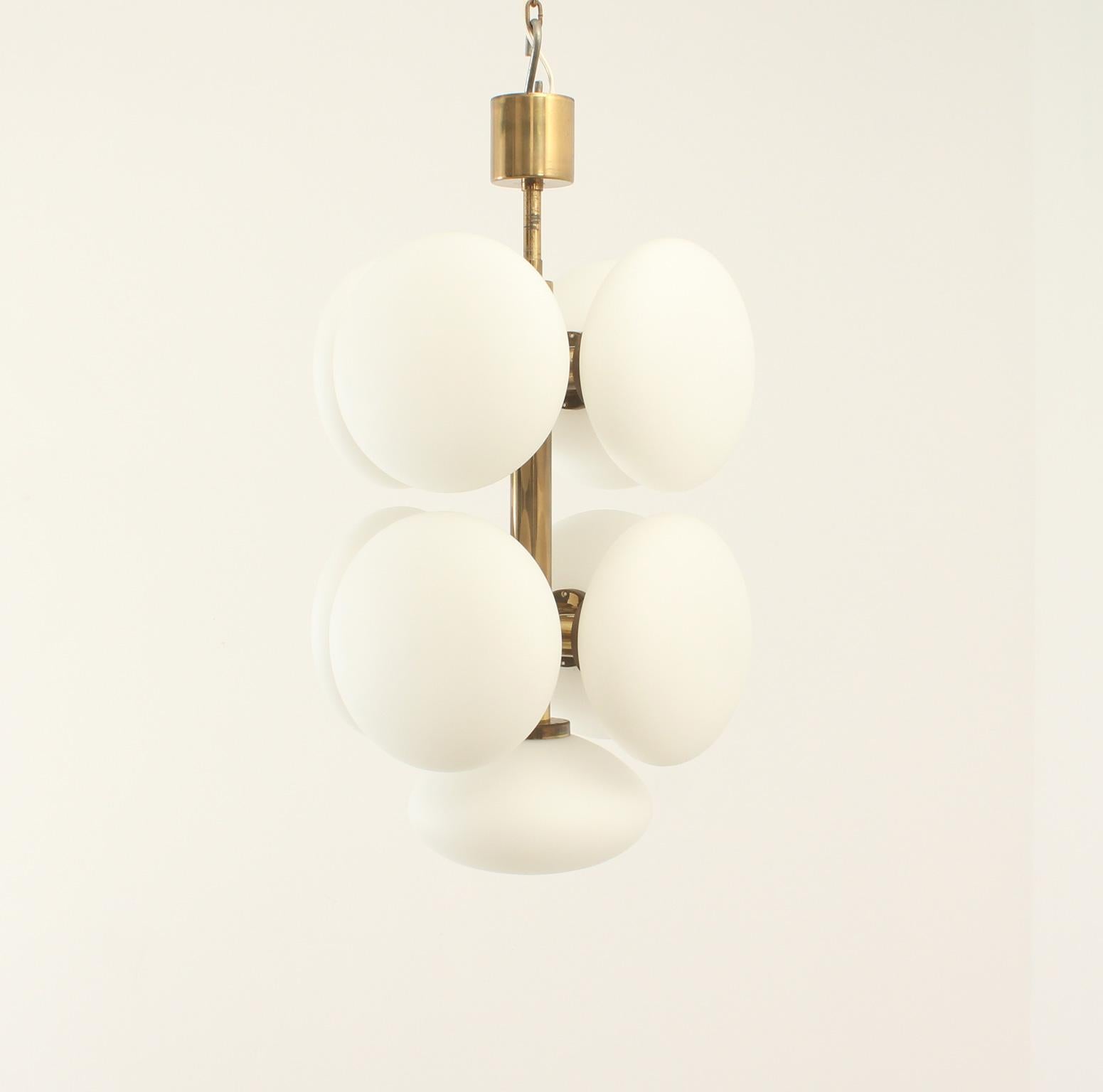 Brass and Opaline Sputnik Chandelier by Kaiser, Germany, 1960s In Good Condition For Sale In Barcelona, ES