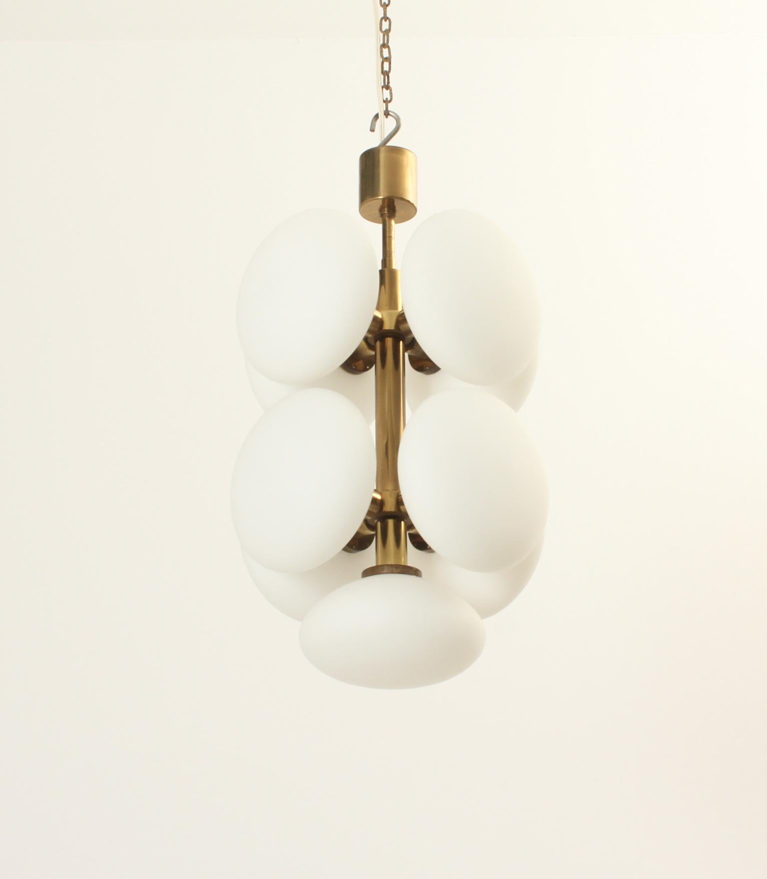 Mid-20th Century Brass and Opaline Sputnik Chandelier by Kaiser, Germany, 1960s For Sale