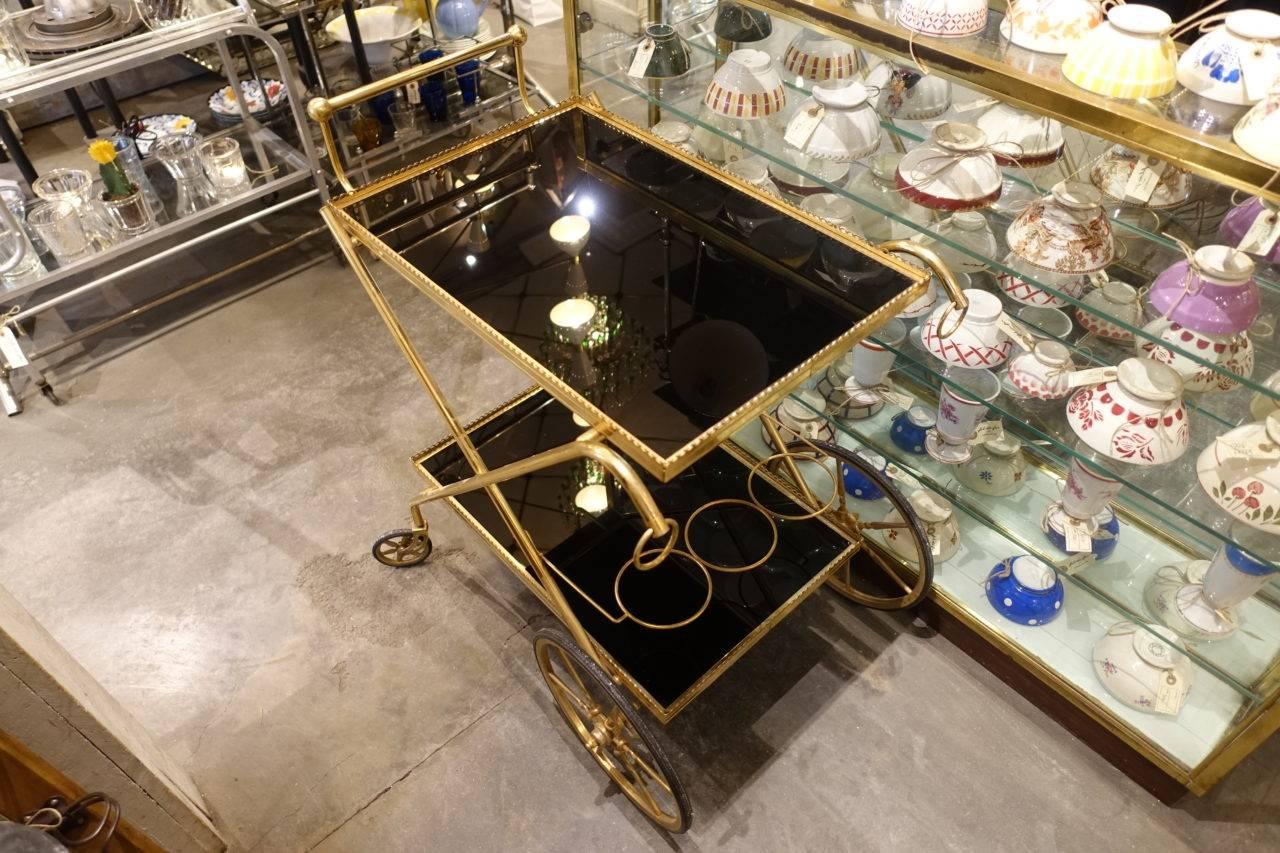French Brass and Opaque Black Glass Serving Trolley