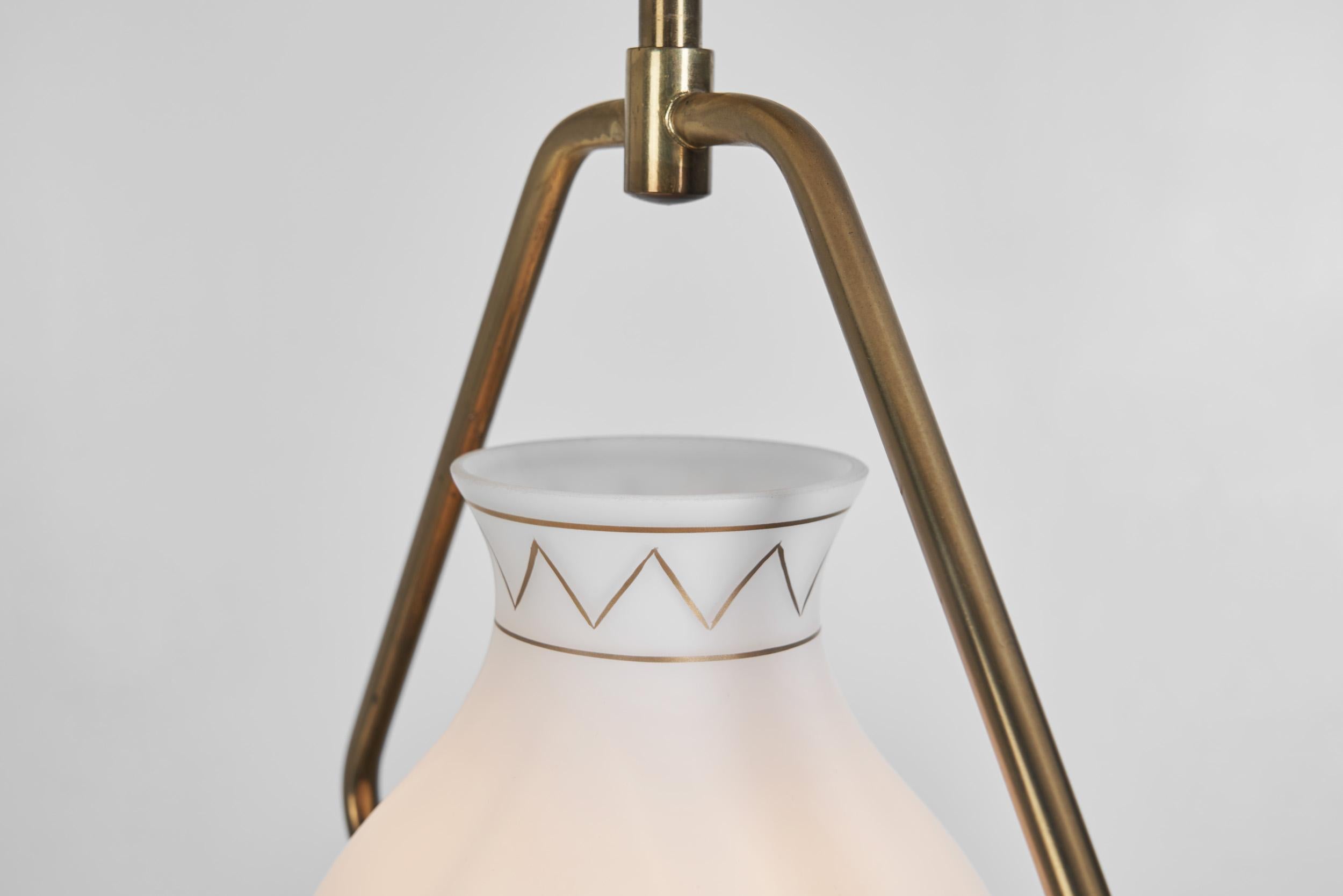 Brass and Opaque Glass Ceiling Lamp, Europe ca 1950s For Sale 8