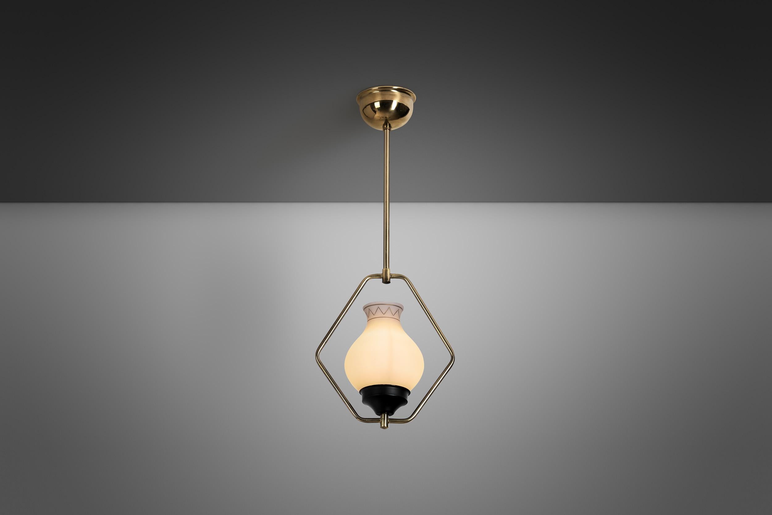 Mid-20th Century Brass and Opaque Glass Ceiling Lamp, Europe ca 1950s For Sale