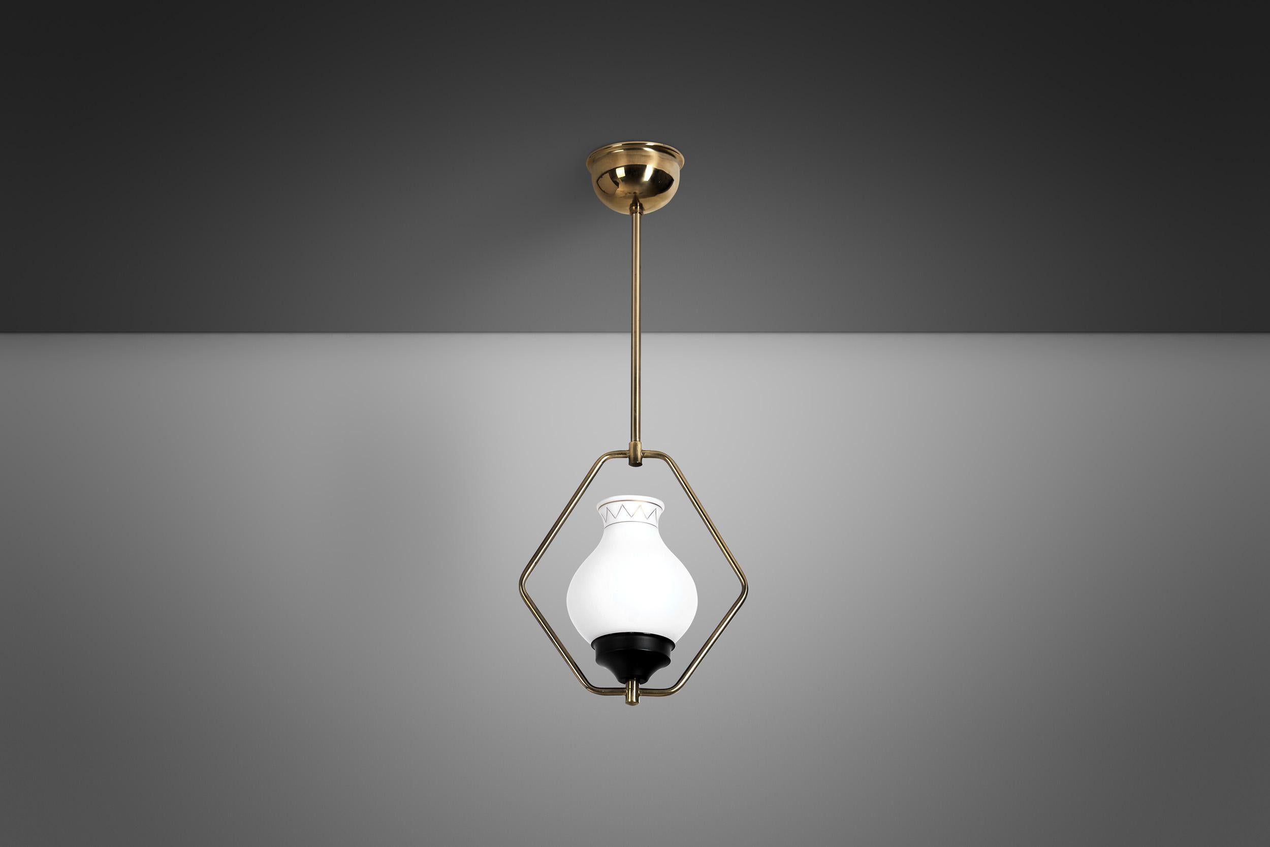 Brass and Opaque Glass Ceiling Lamp, Europe ca 1950s For Sale 1