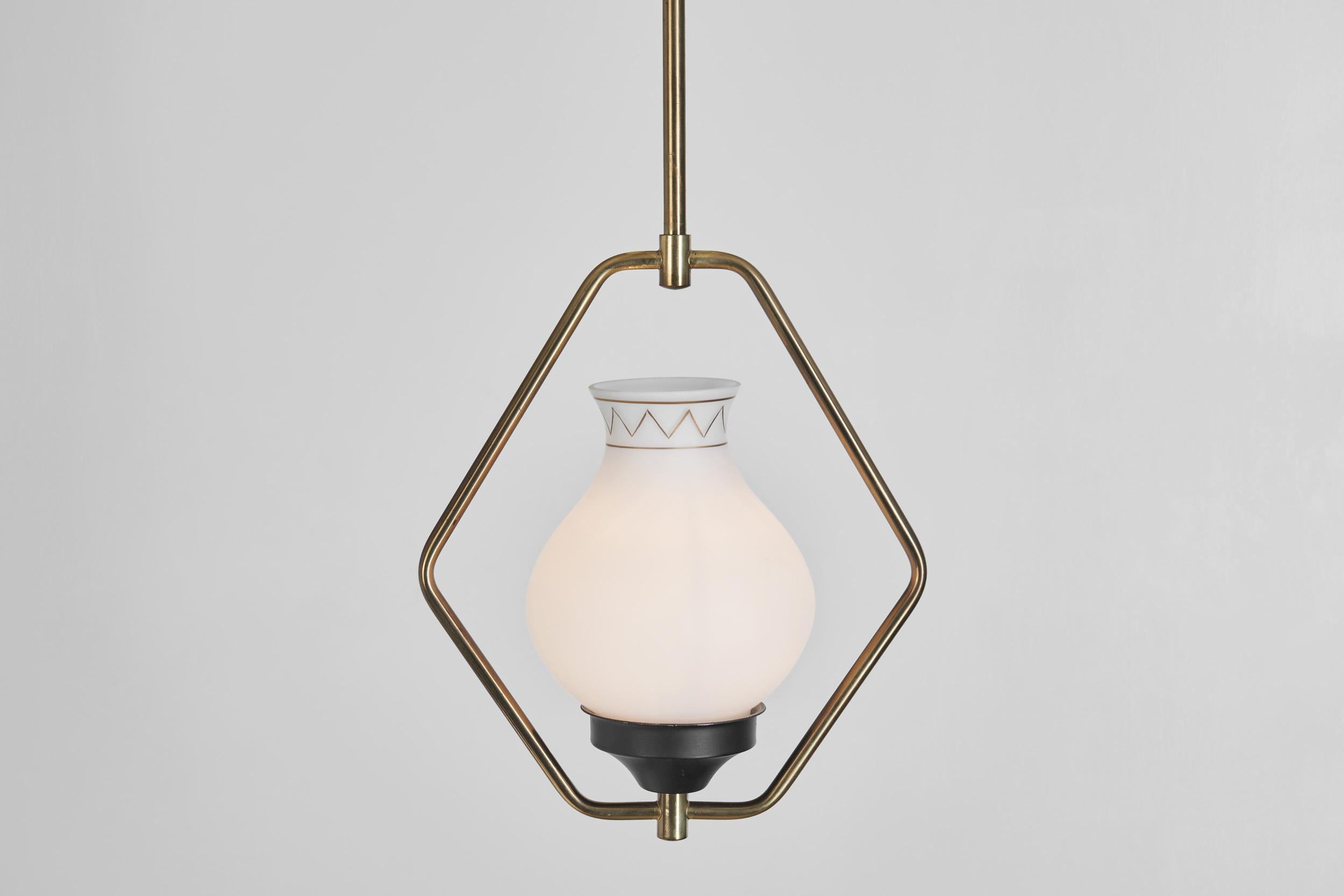 Brass and Opaque Glass Ceiling Lamp, Europe ca 1950s For Sale 2