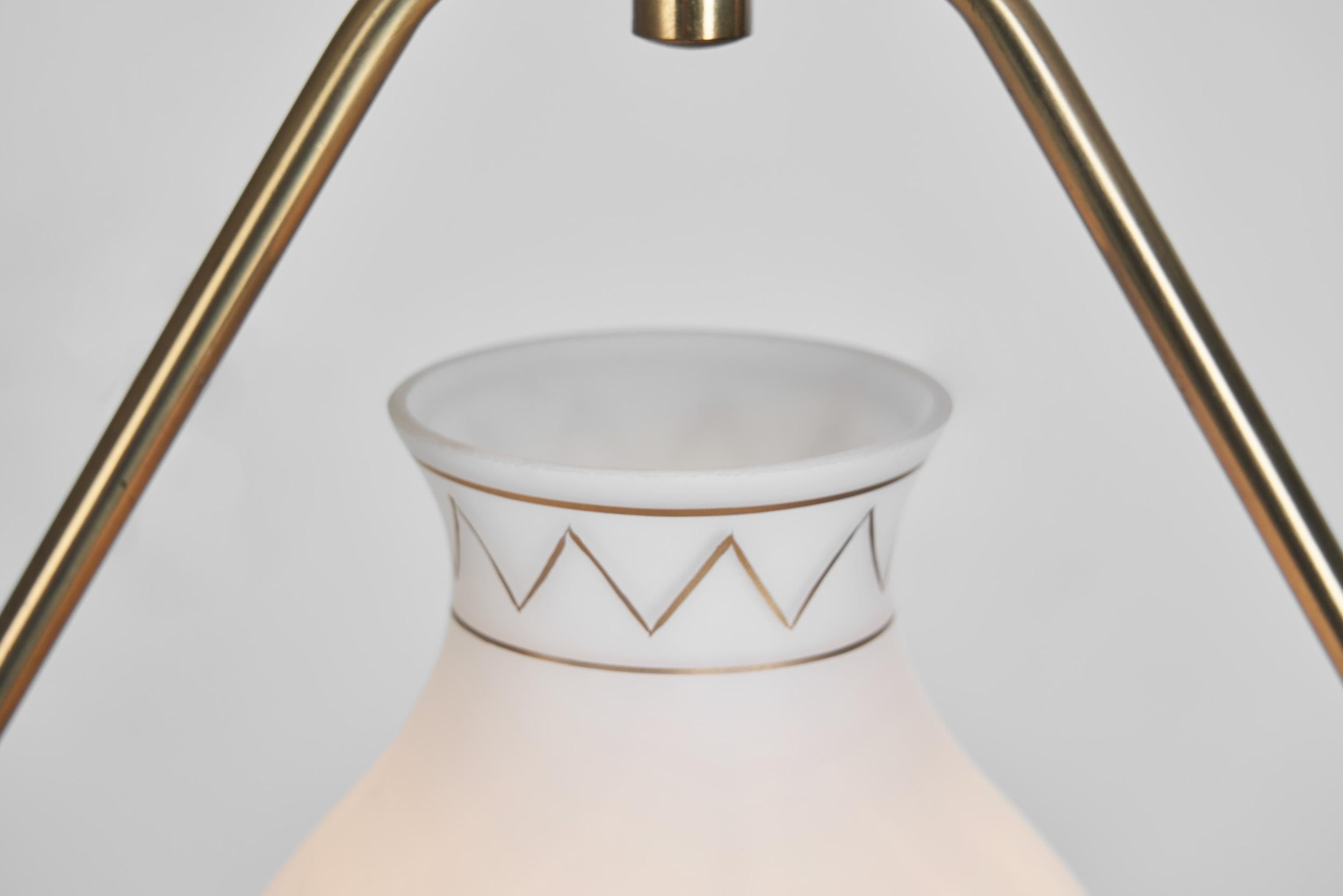 Brass and Opaque Glass Ceiling Lamp, Europe ca 1950s For Sale 3
