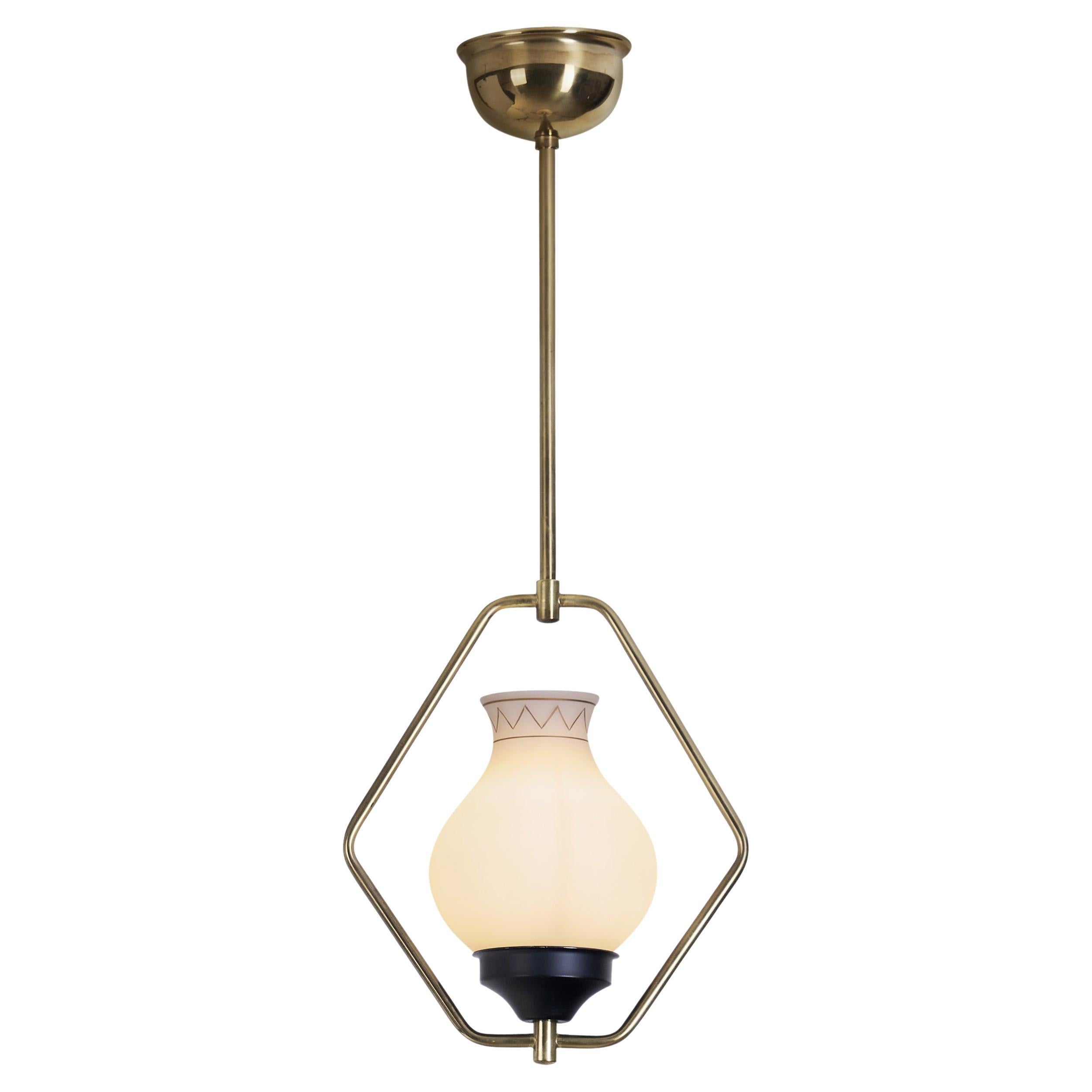 Brass and Opaque Glass Ceiling Lamp, Europe ca 1950s For Sale