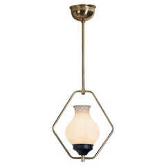 Retro Brass and Opaque Glass Ceiling Lamp, Europe ca 1950s