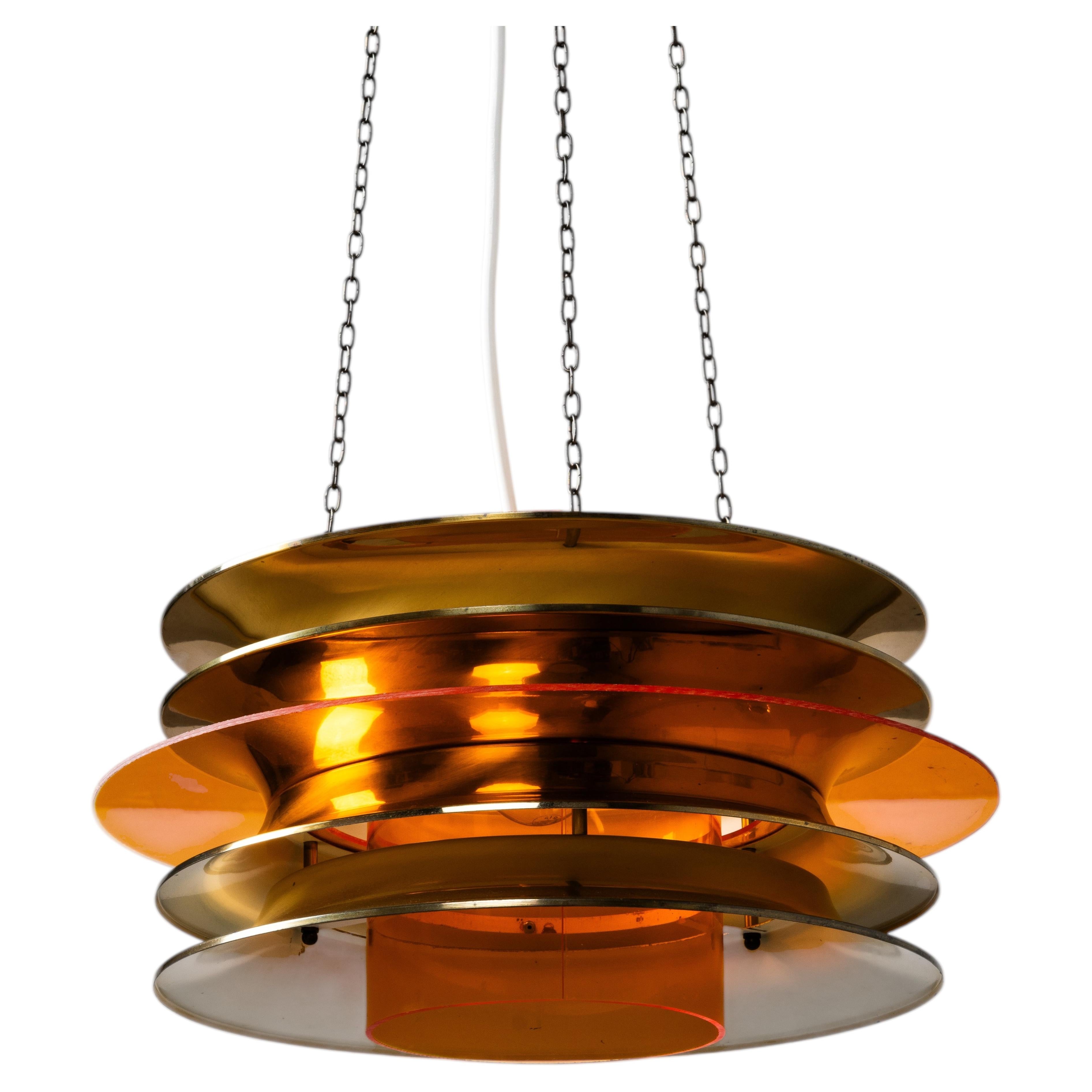 Brass and Orange Acrylic Pendant by Kai Ruokonen for LYNX, Finland, 1970s