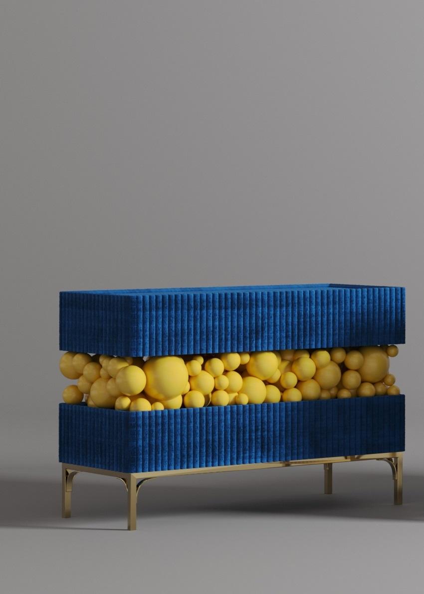Dekoratives Sideboard aus Messing und lackierten Blasen von PANOPTIKUM COLLECTIONS
Abmessungen: T 50 x B 120 x H 85 cm.
MATERIALIEN: MDF, Messing, Farbe und LED-Beleuchtung.

Die 