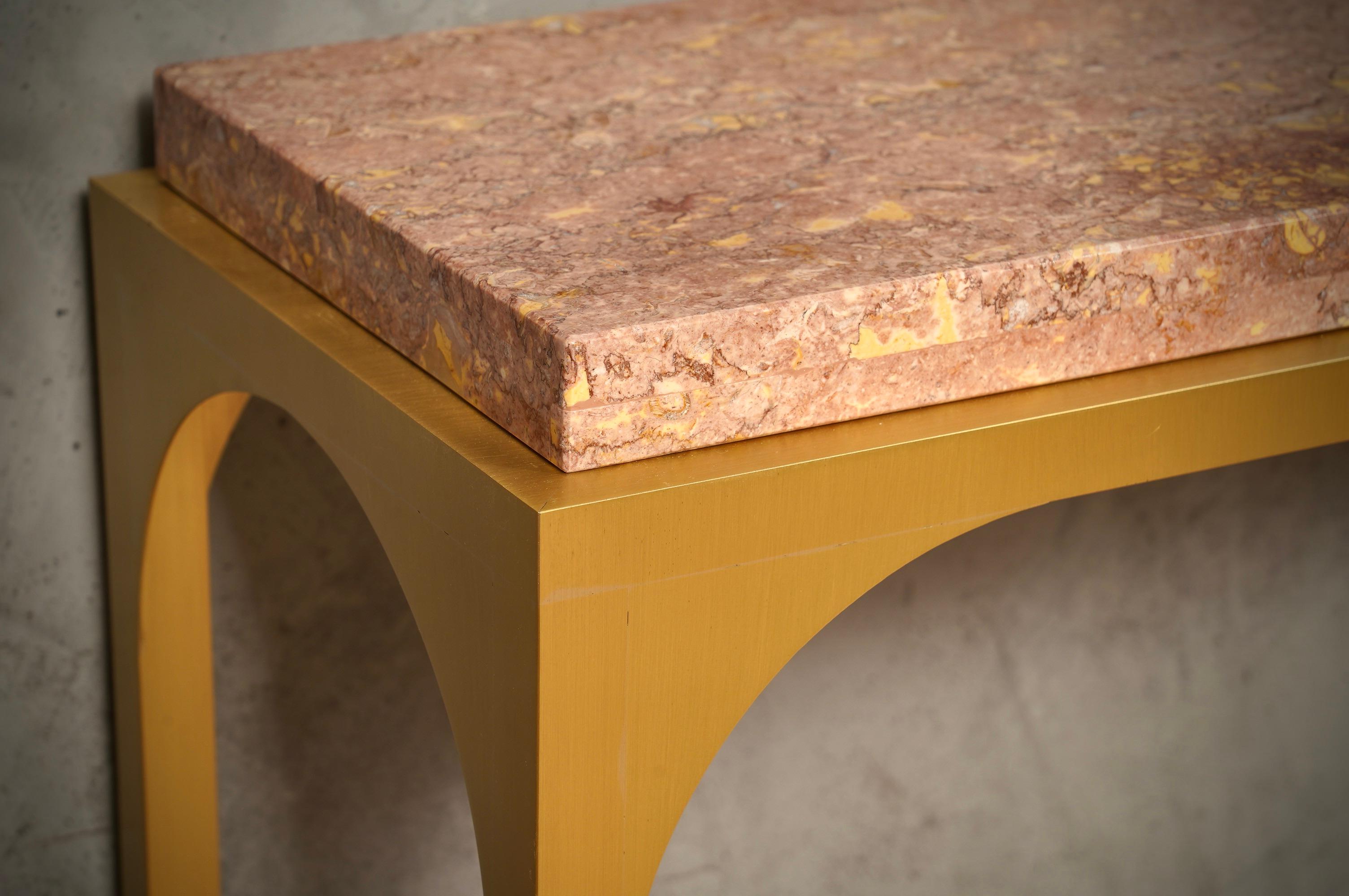 Contemporary Brass and Pink Marble Console Table, 2000 For Sale