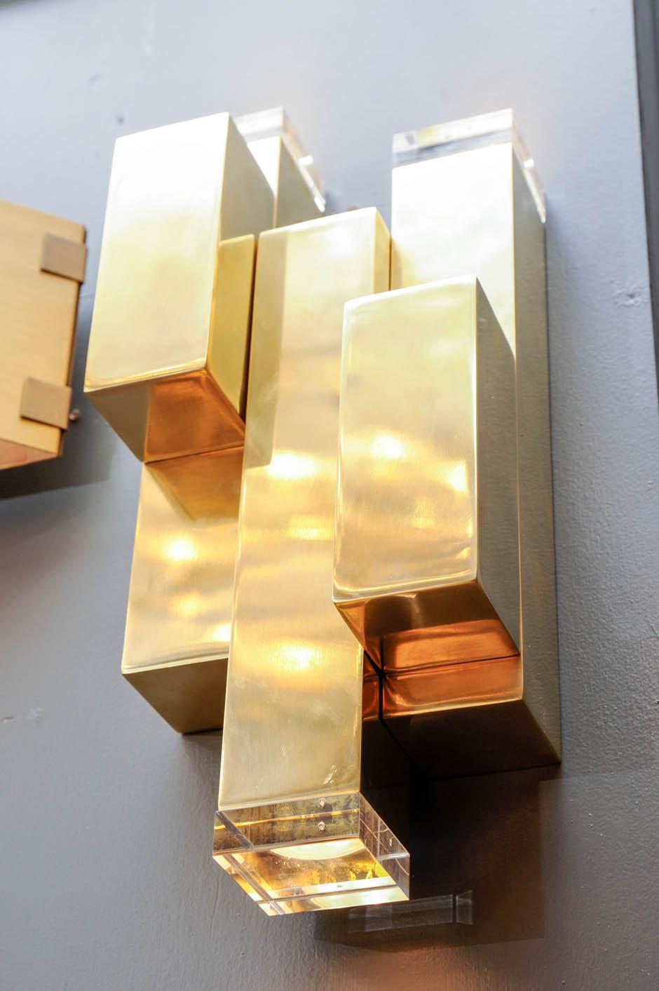 Modern Brass and Plexiglass Wall Sconces by Glustin Luminaires