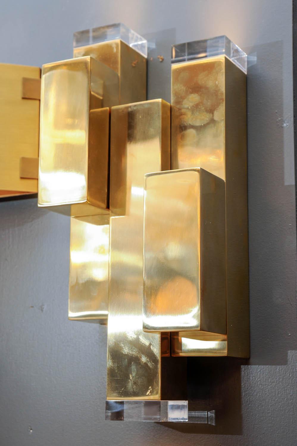 Italian Brass and Plexiglass Wall Sconces by Glustin Luminaires