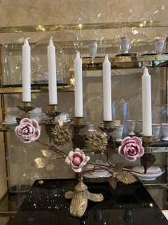 Brass and Porcelain Floral Church Candelabras, France