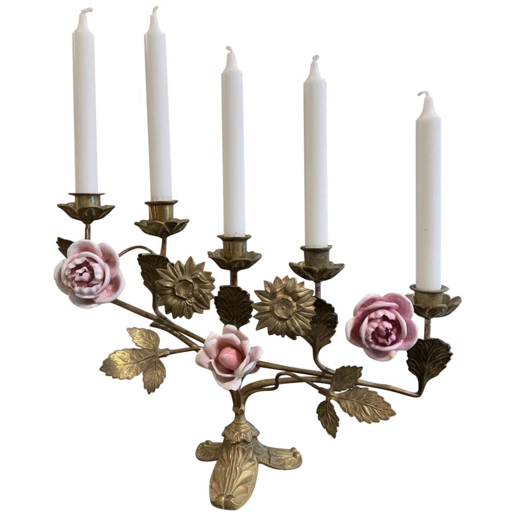 Brass and Porcelain Floral Church Candelabras, France